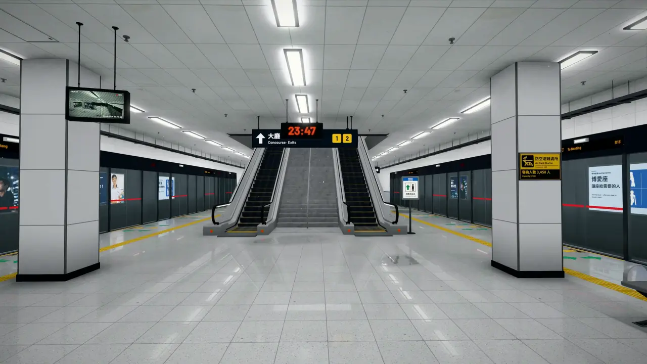 A bright, empty island platform with escalators at the far end and a clock reading 23:47